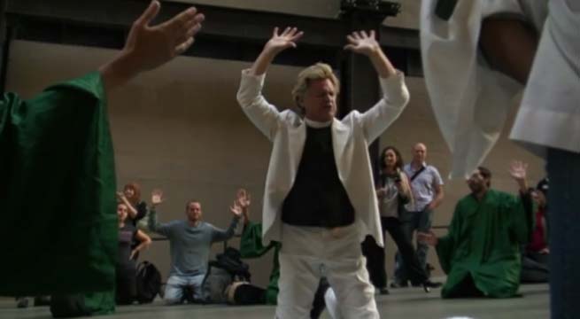 What do you get when you cross an Elvis impersonator with an evangelical preacher and throw in a protest against corporate sponsorship of the arts? Reverend Billy, his choir and an almighty oil-covered flashmob of the Tate Modern's Turbine Hall... in multi-part harmony.